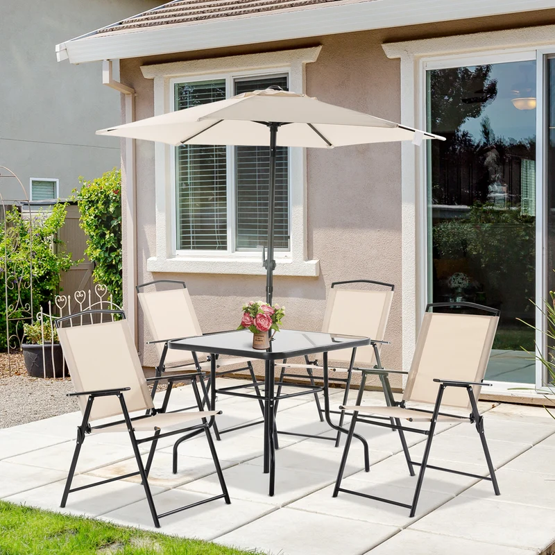 Outsunny Conjunto de Muebles de Jardín con 4 Sillas Plegables Mesa de Comedor de Vidrio y Sombrilla Inclinable Protección del Sol para Patio Terraza Exterior 80x80x70 cm Beige