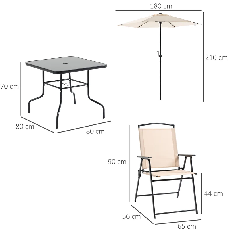 Outsunny Conjunto de Muebles de Jardín con 4 Sillas Plegables Mesa de Comedor de Vidrio y Sombrilla Inclinable Protección del Sol para Patio Terraza Exterior 80x80x70 cm Beige