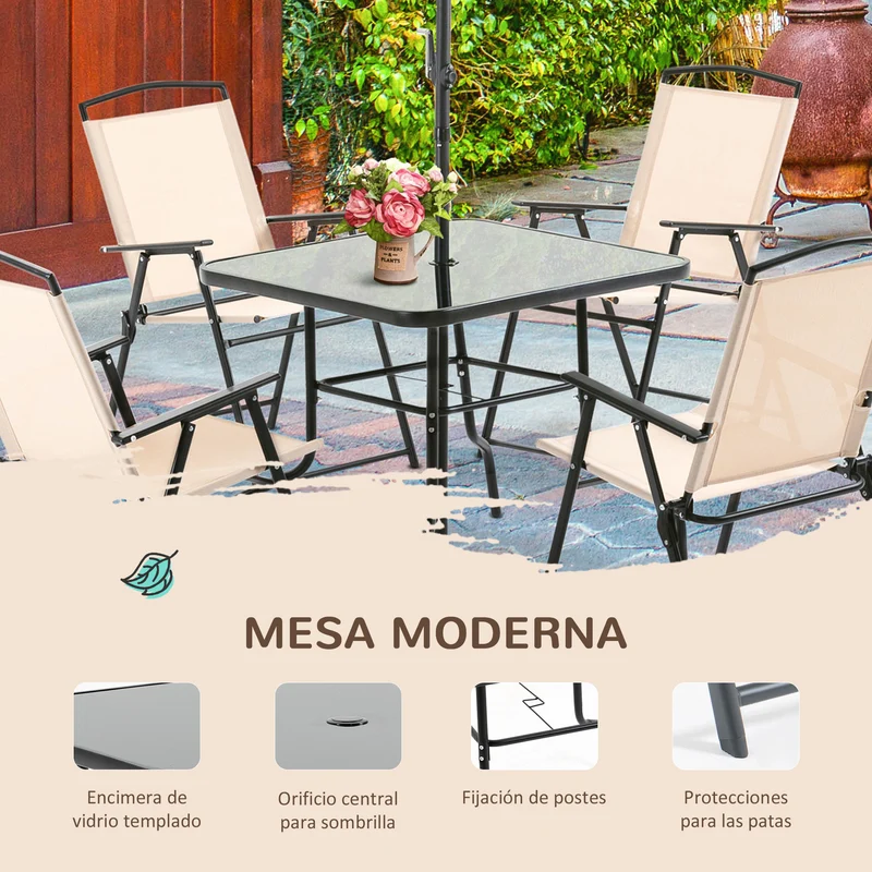 Outsunny Conjunto de Muebles de Jardín con 4 Sillas Plegables Mesa de Comedor de Vidrio y Sombrilla Inclinable Protección del Sol para Patio Terraza Exterior 80x80x70 cm Beige