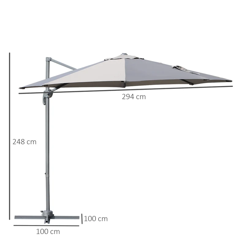 Outsunny Sombrilla de Aluminio Jardín Ø300x250 cm Parasol Excéntrico con Rotación 360° Inclinación de 6 Niveles con Manivela Ventilación y Base Cruzada para Patio Terraza Gris