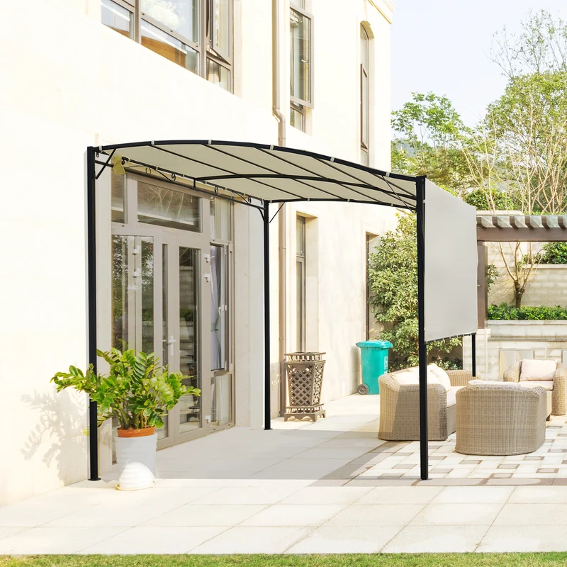 Outsunny Pérgola de Jardín 366x300x200-250 cm Cenador Montado en Pared con Techo Retráctil 10 Orificios de Drenaje Marco de Acero y Poliéster 180 g/m² para Patio Terraza Exterior Crema