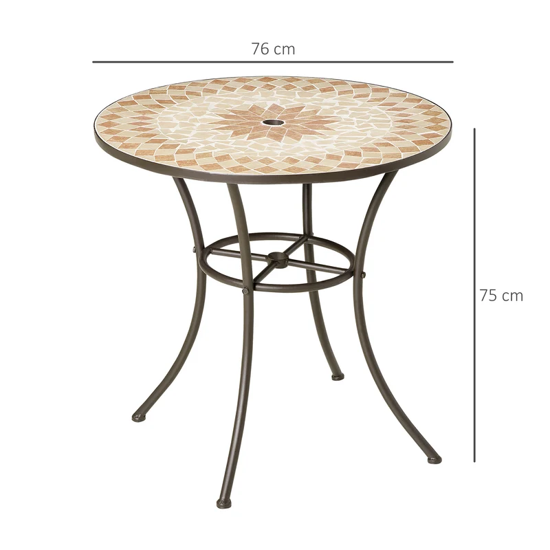 Outsunny Mesa de Jardín Redonda Mesa de Mosaico con Superficie de Cerámica y Macro de Metal Carga 60 kg para Patio Terraza Exterior Ø76x75 cm Beige y Marrón
