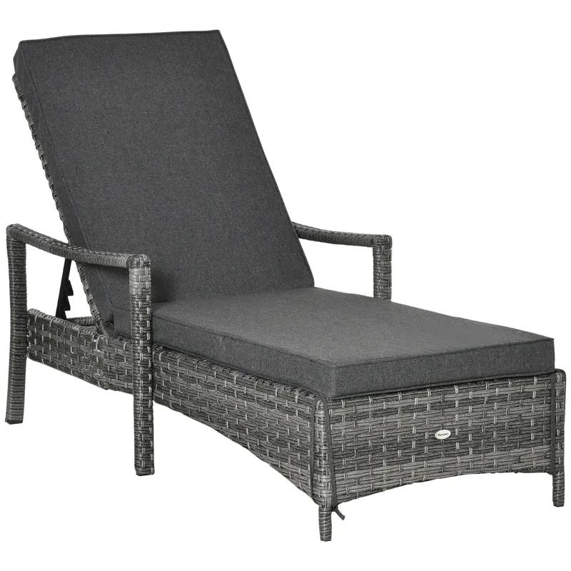 Outsunny Tumbona de Ratán de Jardín Chaise Longue con Respaldo Ajustable en 4 Posiciones Cojines Acolchados y Desenfundables para Terraza Patio Exterior 192x72x58-95 cm Gris