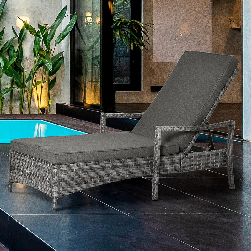 Outsunny Tumbona de Ratán de Jardín Chaise Longue con Respaldo Ajustable en 4 Posiciones Cojines Acolchados y Desenfundables para Terraza Patio Exterior 192x72x58-95 cm Gris