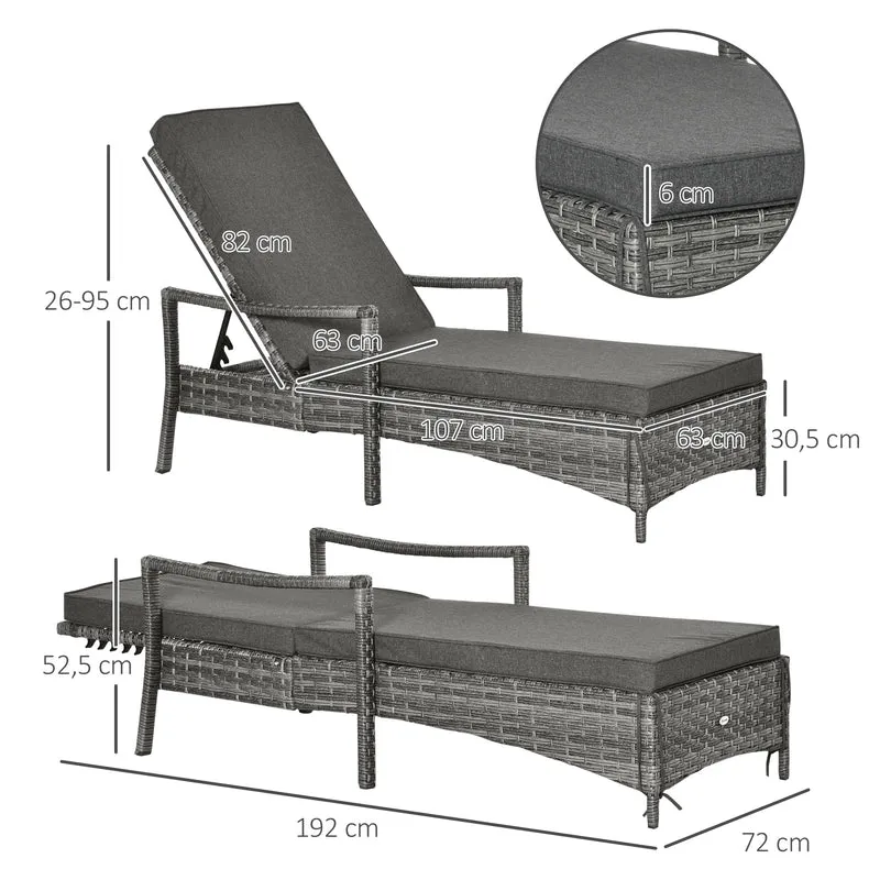 Outsunny Tumbona de Ratán de Jardín Chaise Longue con Respaldo Ajustable en 4 Posiciones Cojines Acolchados y Desenfundables para Terraza Patio Exterior 192x72x58-95 cm Gris