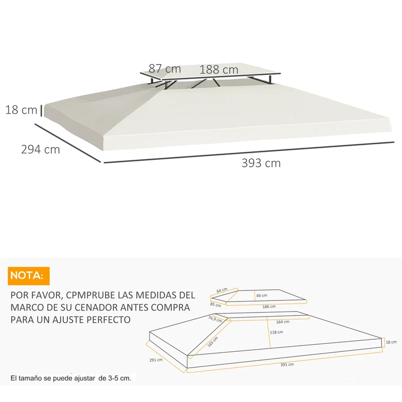 Outsunny Techo de Repuesto 4x3 m para Cenador de Jardín Cubierta de Reemplazo para Pabellón de 2 Niveles Transpirable con 8 Orificios de Drenaje para Patio Exterior Beige