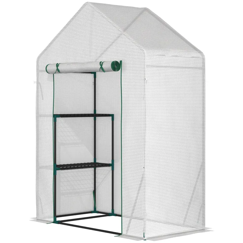 Outsunny Invernadero de Exterior Invernadero Pequeño con 4 Estantes Puerta Enrollable con Cremallera y Marco de Acero Invernadero para Cultivos Plantas Flores 143x73x195 cm Blanco