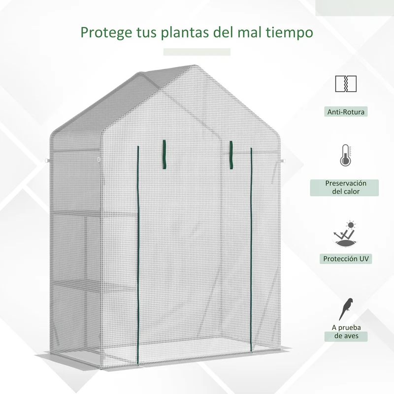 Outsunny Invernadero de Exterior Invernadero Pequeño con 4 Estantes Puerta Enrollable con Cremallera y Marco de Acero Invernadero para Cultivos Plantas Flores 143x73x195 cm Blanco