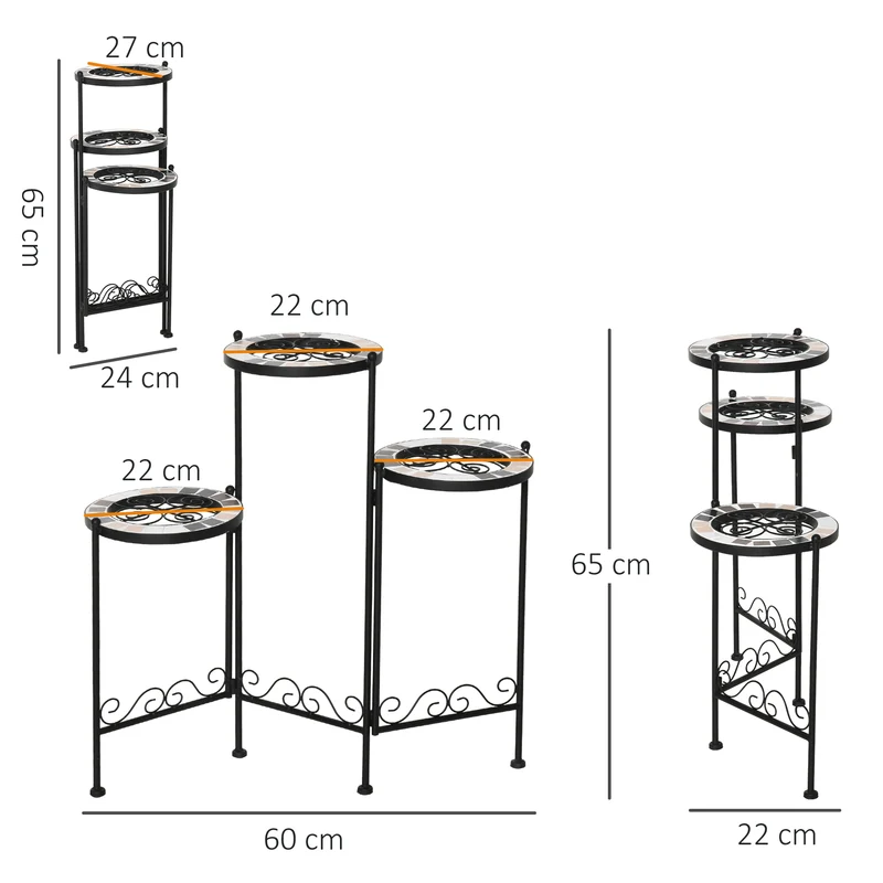 Outsunny Soporte para Plantas de Metal Mecetas Plegable Estantería para Flores con 3 Estantes y Bordes de Azulejo para Decoración Interiores y Exteriores 60x22x65 cm Negro