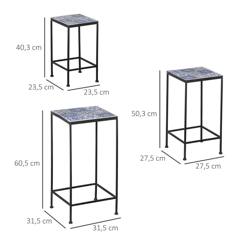Outsunny Soportes para Plantas de Metal 3 Piezas Apilables Estantes Porta Macetas con Encimera de Azulejo Decorativa para Interiores y Exteriores 31,5x31,5x60,5 cm Azul y Negro