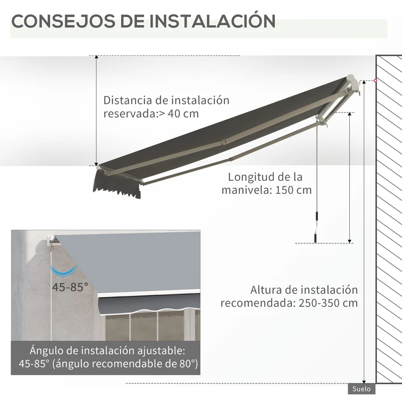 Outsunny Toldo Manual Retráctil 3x2,5 cm Toldo para Balcón con Manivela de Metal Impermeable y Anti-UV Toldo Enrollable de Exterior para Jardín Terraza Ventanas Gris