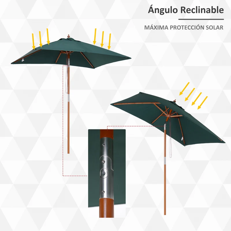 Outsunny Sombrilla Terraza Exterior 200x150 cm Sombrilla de Jardín Rectangular con Ángulo Ajustable Mástil de Madera y Manivela Parasol para Patio Terraza Verde