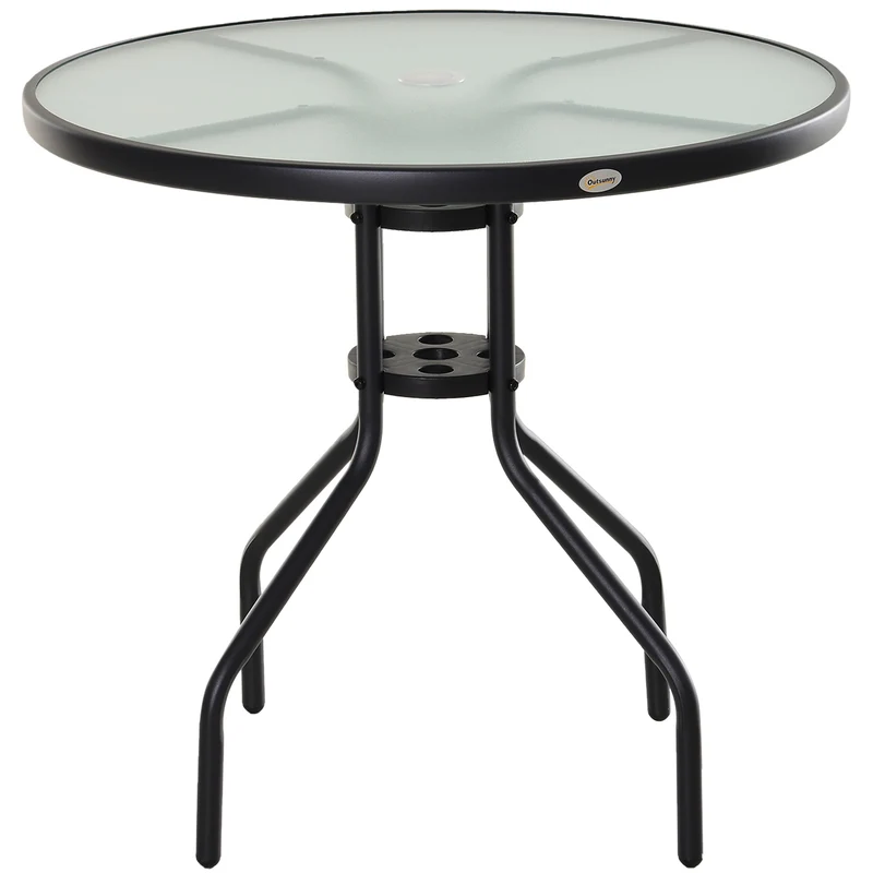 Outsunny Mesa de Jardín Redonda Mesa Comedor de Cristal Templado con Agujero para Sombrilla y Estructura Metálica para Patio Terraza Balcón Exterior Ø80x72 cm Negro