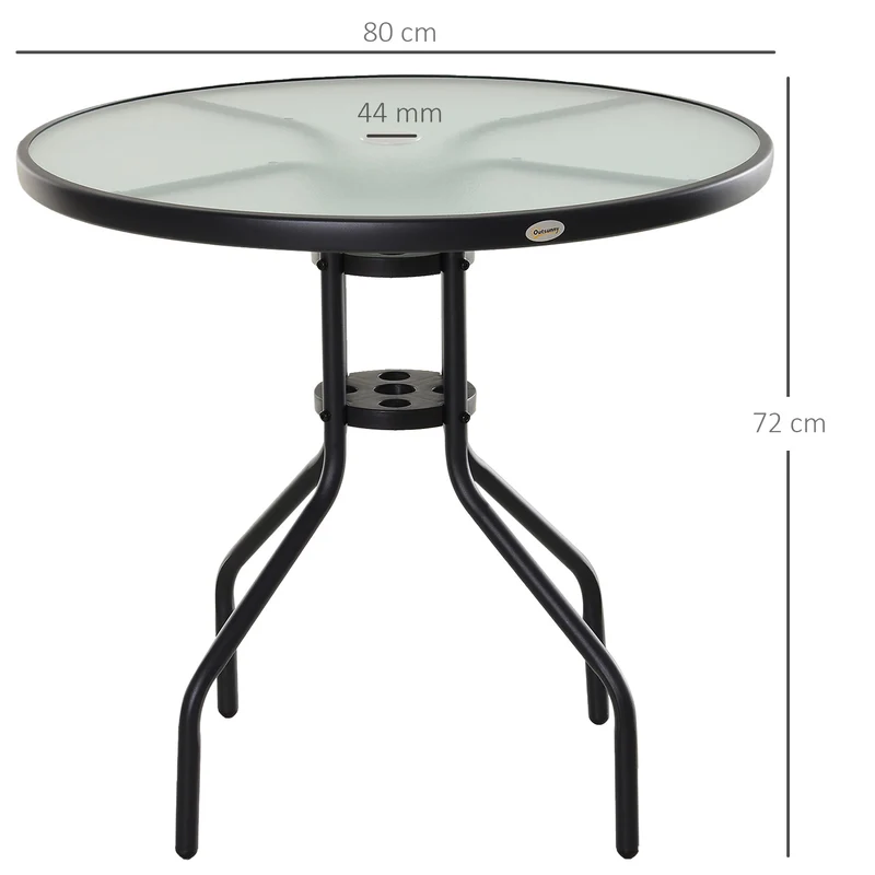 Outsunny Mesa de Jardín Redonda Mesa Comedor de Cristal Templado con Agujero para Sombrilla y Estructura Metálica para Patio Terraza Balcón Exterior Ø80x72 cm Negro