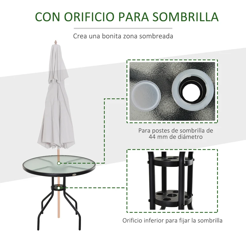 Outsunny Mesa de Jardín Redonda Mesa Comedor de Cristal Templado con Agujero para Sombrilla y Estructura Metálica para Patio Terraza Balcón Exterior Ø80x72 cm Negro