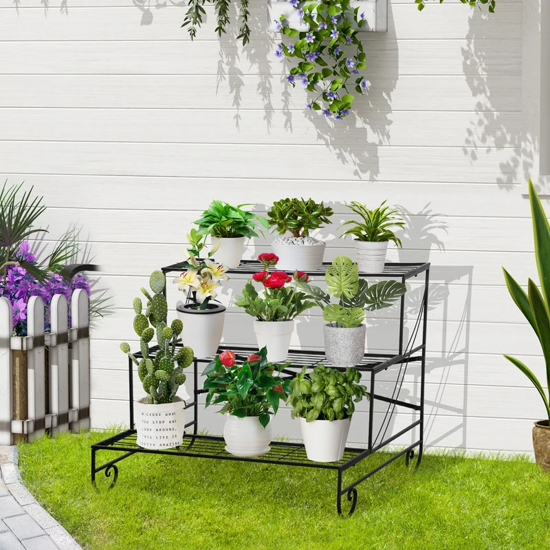 Outsunny Estantería para Plantas de Metal de 3 Niveles Soporte de Flores en Forma Escalera Macetas Multifuncional para Decoración Interiores y Exteriores 95x63x72 cm Negro