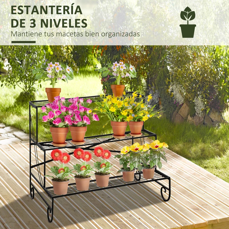 Outsunny Estantería para Plantas de Metal de 3 Niveles Soporte de Flores en Forma Escalera Macetas Multifuncional para Decoración Interiores y Exteriores 95x63x72 cm Negro