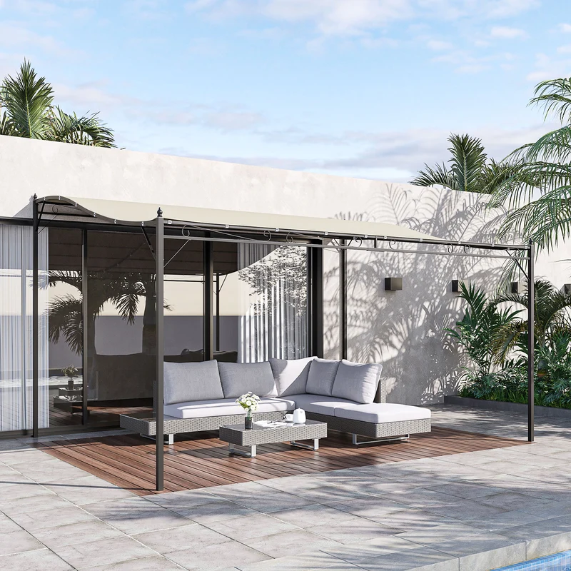 Outsunny Cenador de Jardín 4x3 m Pérgola Montado en Pared con Toldo y 16 Orificios de Drenaje Marco de Metal y Poliéster 180 g/m² para Patio Terraza Crema