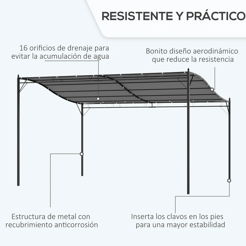 Outsunny Cenador de Jardín 4x3 m Pérgola Montado en Pared con Toldo y 16 Orificios de Drenaje Marco de Metal y Poliéster 180 g/m² para Patio Terraza Crema