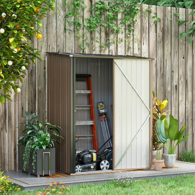 Outsunny Cobertizo de Jardín de Exterior 1,34 m² 161,5x94,5x196 cm Caseta de Jardín Metálica con 1 Puerta y Cerradura para Almacenamiento de Herramientas en Patio Terraza Marrón