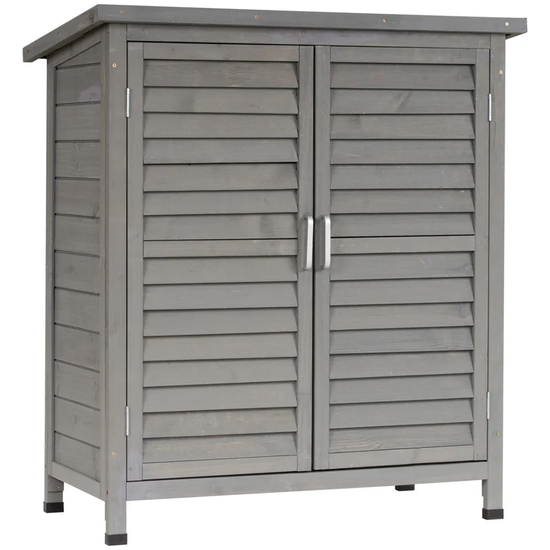Outsunny Cobertizo de Almacenamiento de Madera para Jardín con 2 Estantes Interiores 2 puertas y Techo Inclinado para Exterior Terreza 87x46,5x96,5 cm Gris