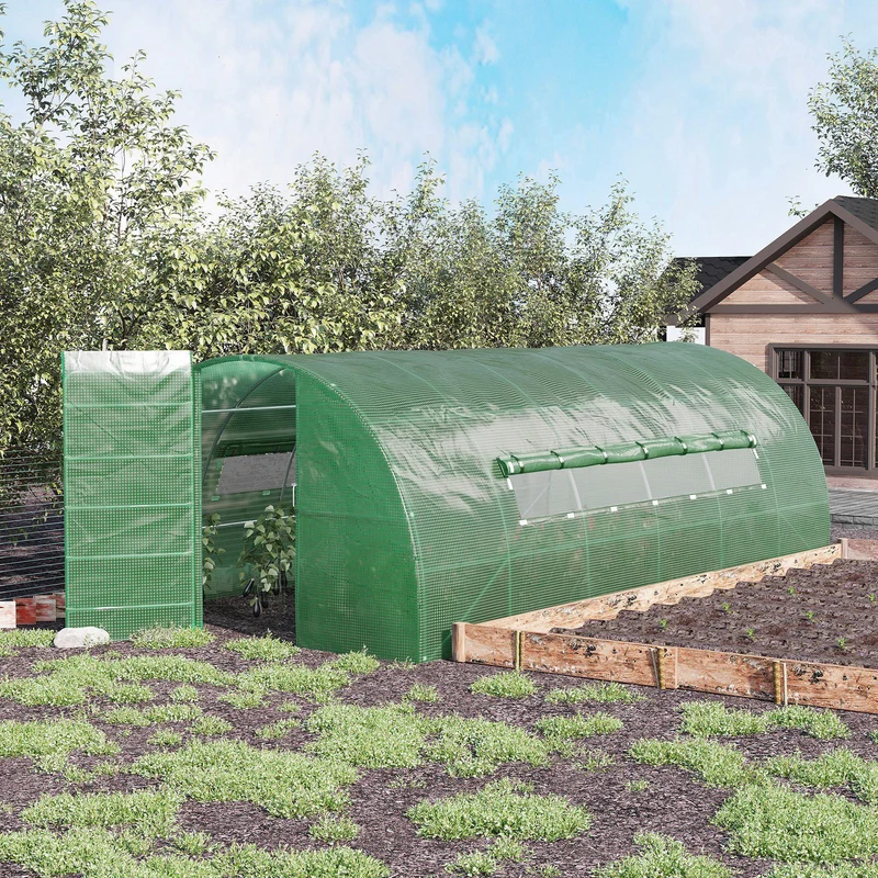 Outsunny Invernadero de Túnel 6x3x2 m con Puerta y Ventanas Función de Drenaje Invernadero de Jardín Grande con Cubierta de PE 130 g/㎡ y Metal Galvanizado para Cultivos Plantas Verduras Verde