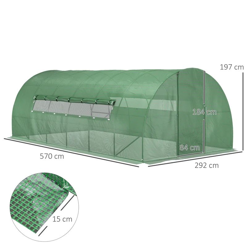 Outsunny Invernadero de Túnel 6x3x2 m con Puerta y Ventanas Función de Drenaje Invernadero de Jardín Grande con Cubierta de PE 130 g/㎡ y Metal Galvanizado para Cultivos Plantas Verduras Verde