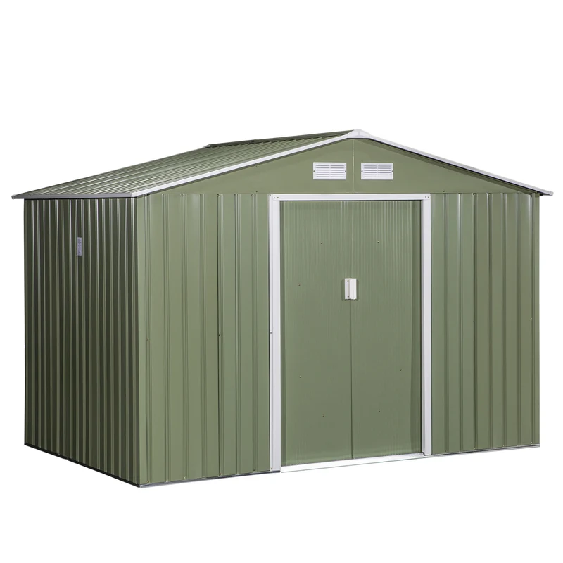 Outsunny Caseta de Jardín Exterior 4,9 m² 277x195x192 cm Cobertizo de Jardín Exterior con Puerta Corredera Techo Inclinado Base Refuerzo (Suelo NO Incluido) y 4 Ventanas Verde Claro