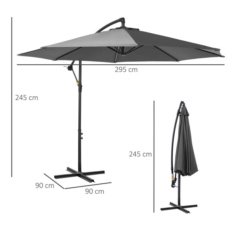 Outsunny Parasol Excéntrico Ø 295 cm Sombrilla de Jardín con Ángulo Ajustable Base Cruzada y Manivela Sombrilla para Terraza Patio Gris