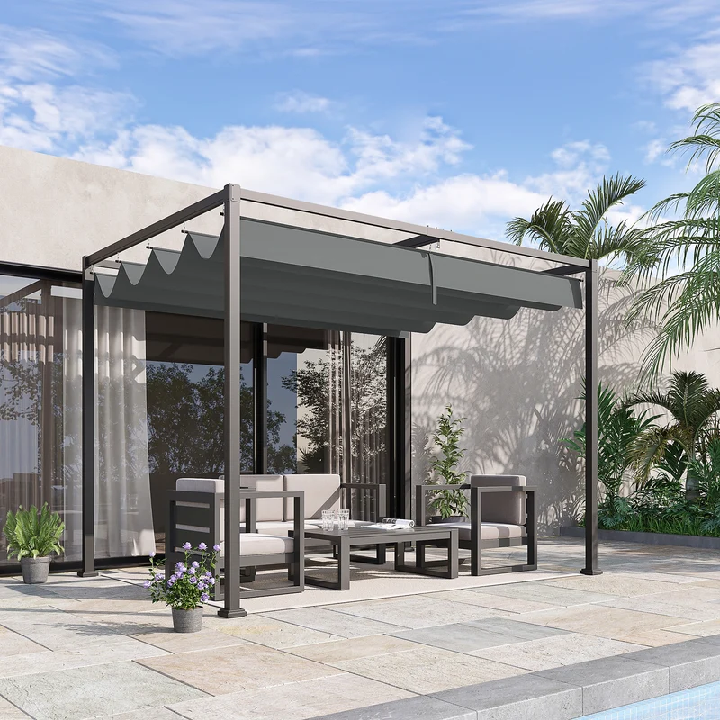 Outsunny Pérgola 3x2 m Cenador de Jardín Pabellón de Diseño Elegante con Techo Retráctil de Poliéster con Recubrimiento Resistente Anti-UV Impermeable para Celebraciones Fiestas Bodas Gris