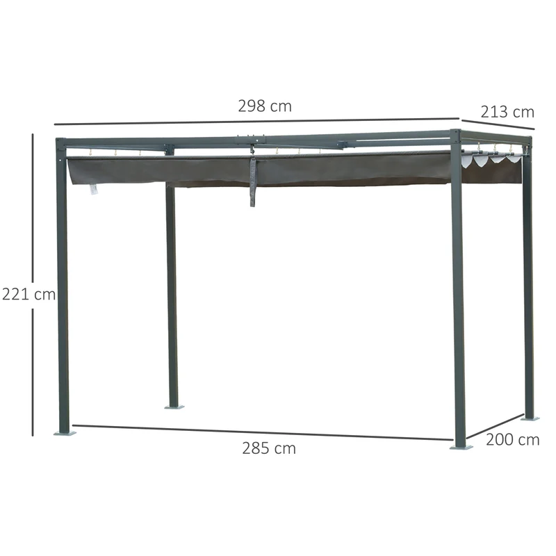 Outsunny Pérgola 3x2 m Cenador de Jardín Pabellón de Diseño Elegante con Techo Retráctil de Poliéster con Recubrimiento Resistente Anti-UV Impermeable para Celebraciones Fiestas Bodas Gris