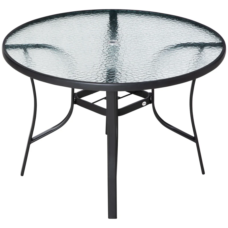 Outsunny Mesa de Cristal de Jardín con Agujero para Sombrilla Mesa para Comer Redonda con Marco de Acero para Exterior Terraza Balcón Ø106,5x71 cm Negro