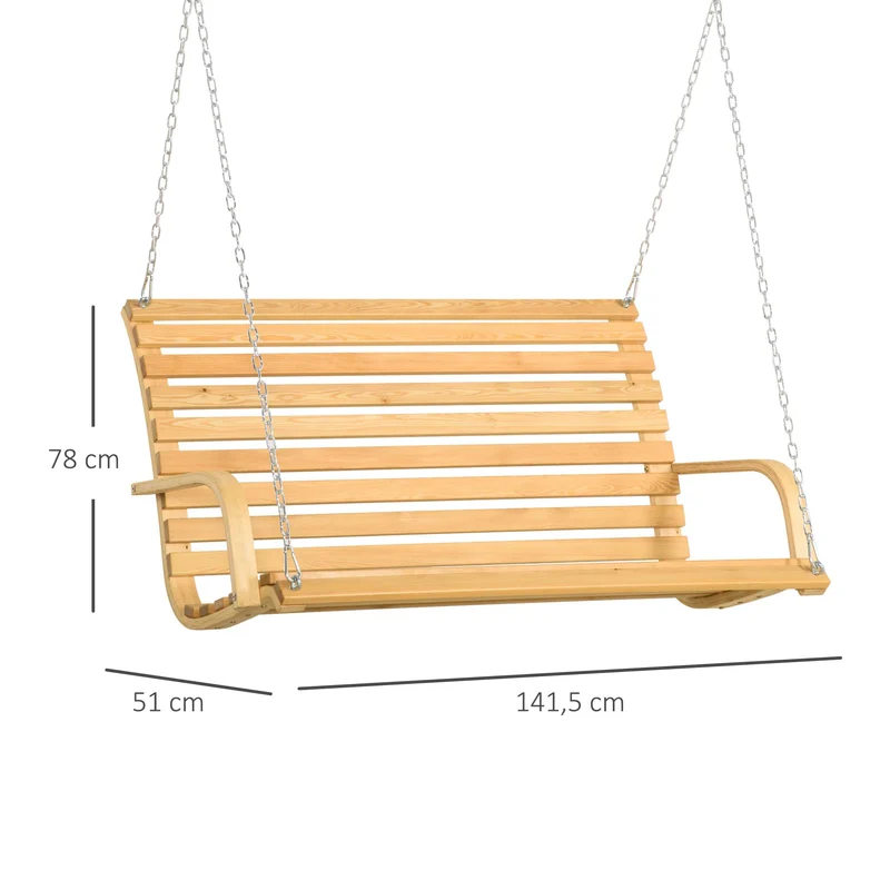 Outsunny Banco Columpio de Madera de 2 Plazas Tipo Balancín Colgante Carga Máx. 250 kg para Jardín Terraza Balcón Exterior 141,5x51x78 cm Natural