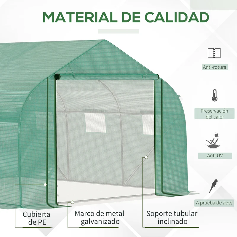 Outsunny Invernadero de Túnel 3,5x3x2 m Invernadero de Jardín con Puerta y 6 Ventanas Enrollables de Polietileno PE 140 g/m² Metal Galvanizado para Cultivos Plantas Flores Verde