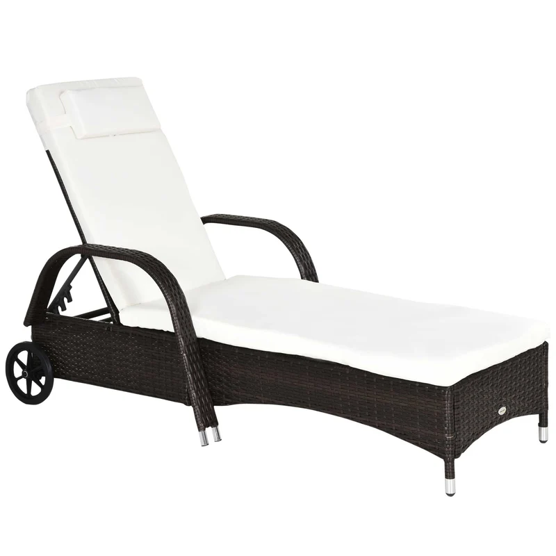 Outsunny Tumbona de Ratán de Jardín Chaise Longue con Respaldo Ajustable en 5 Posiciones Cojines Acolchados Reposacabezas y 2 Ruedas Carga 160 kg 200x73x30-103 cm Crema y Marrón