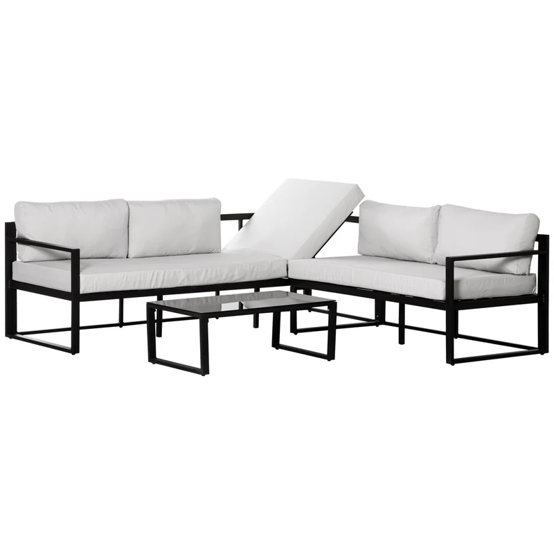 Outsunny Conjunto de Muebles de Jardín 3 Piezas de Aluminio Juego de Muebles con Mesa de Vidrio Sofá de 5 Plazas con Respaldo Ajustable y Cojines Extraíbles 212x70x64 cm Negro y Gris
