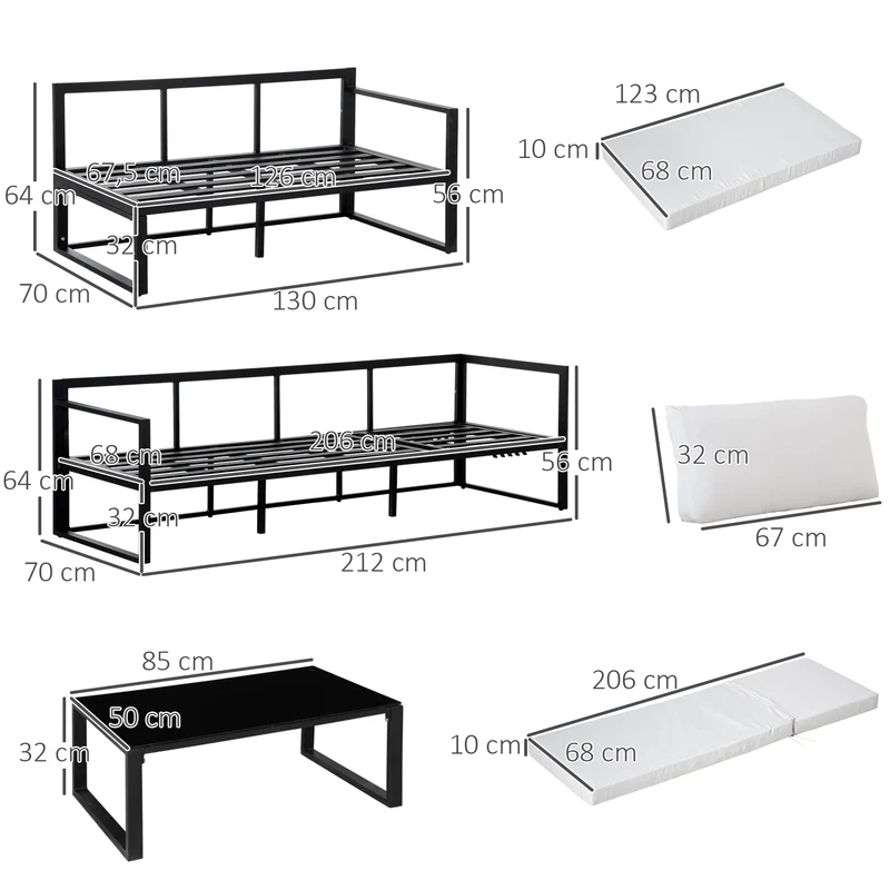 Outsunny Conjunto de Muebles de Jardín 3 Piezas de Aluminio Juego de Muebles con Mesa de Vidrio Sofá de 5 Plazas con Respaldo Ajustable y Cojines Extraíbles 212x70x64 cm Negro y Gris