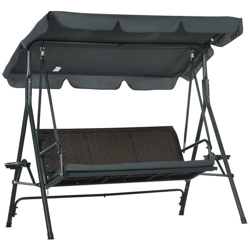 Outsunny Columpio de Jardín de 3 Plazas Banco Balancín para Exterior con Toldo Ajustable Asiento de Ratán 2 Portavasos 2 Bandejas y Marco de Acero para Terraza Patio 204x112x150 cm Gris
