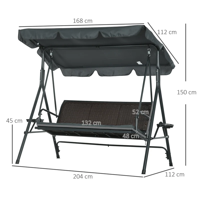 Outsunny Columpio de Jardín de 3 Plazas Banco Balancín para Exterior con Toldo Ajustable Asiento de Ratán 2 Portavasos 2 Bandejas y Marco de Acero para Terraza Patio 204x112x150 cm Gris
