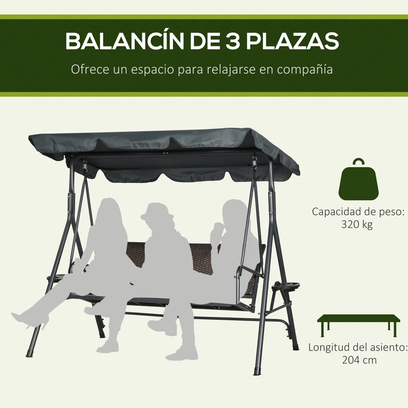 Outsunny Columpio de Jardín de 3 Plazas Banco Balancín para Exterior con Toldo Ajustable Asiento de Ratán 2 Portavasos 2 Bandejas y Marco de Acero para Terraza Patio 204x112x150 cm Gris