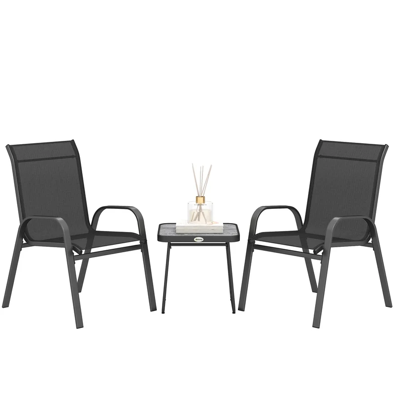 Outsunny Conjunto de Muebles de Jardín 3 Piezas Muebles Exterior Incluye 2 Sillones Apilables con Tela de Malla Transpirable y Mesa de Centro Negro