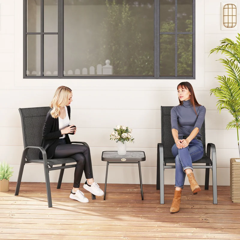 Outsunny Conjunto de Muebles de Jardín 3 Piezas Muebles Exterior Incluye 2 Sillones Apilables con Tela de Malla Transpirable y Mesa de Centro Negro