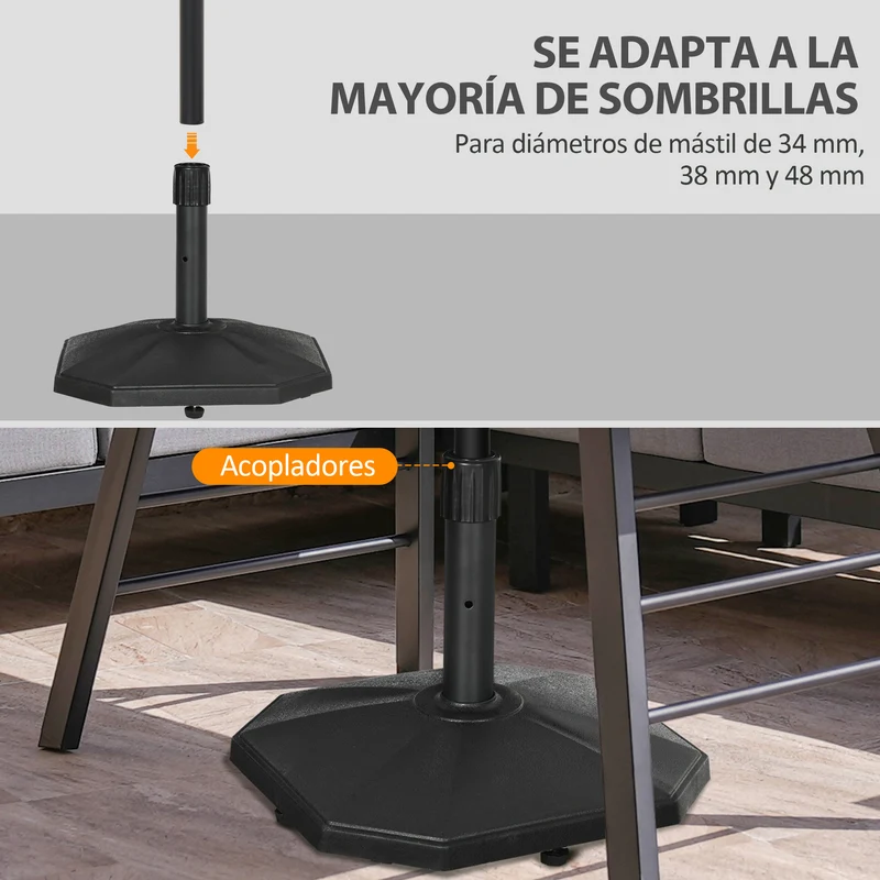 Outsunny Base de Sombrilla Peso 18 kg Soporte para Parasol de Cemento para Mástil de Ø32/34/38 mm Pie de Parasol para Jardín Balcón 46x46x39 cm Negro