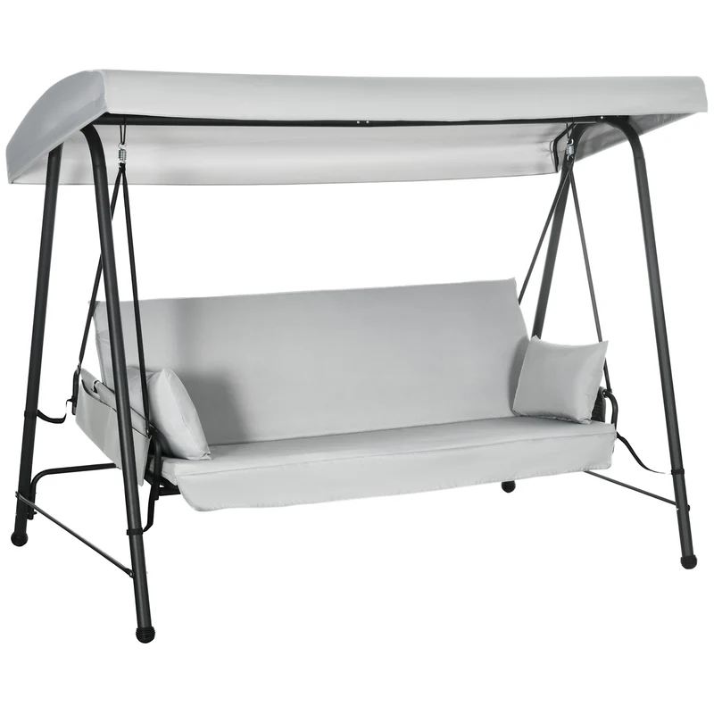 Outsunny Columpio de Jardín de 3 Plazas Banco Balancín Convertible en Cama Toldo Reclinable 2 Cojines 2 Bolsillos Marco de Acero 236x138x185 cm Gris