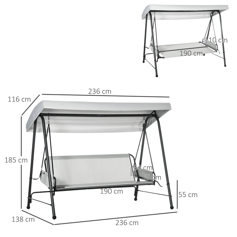 Outsunny Columpio de Jardín de 3 Plazas Banco Balancín Convertible en Cama Toldo Reclinable 2 Cojines 2 Bolsillos Marco de Acero 236x138x185 cm Gris