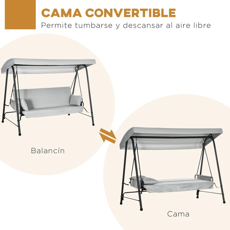 Outsunny Columpio de Jardín de 3 Plazas Banco Balancín Convertible en Cama Toldo Reclinable 2 Cojines 2 Bolsillos Marco de Acero 236x138x185 cm Gris