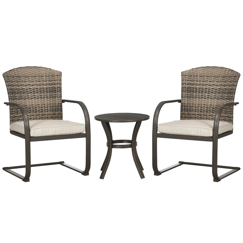 Outsunny Conjunto de Muebles de Jardín de Ratán Juego de 3 Piezas Muebles de Patio Incluye 2 Sillas Mecedoras con Cojines y Mesa Redonda para Terraza Césped Balcón Marrón