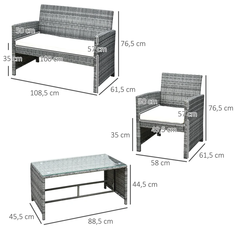 Outsunny Conjunto de Muebles de Jardín de Ratán 4 Piezas Juego de Muebles de Jardín Incluido 1 Sofá de 2 Plazas 2 Sillones y 1 Mesa de Centro con Tablero de Vidrio para Terraza Gris