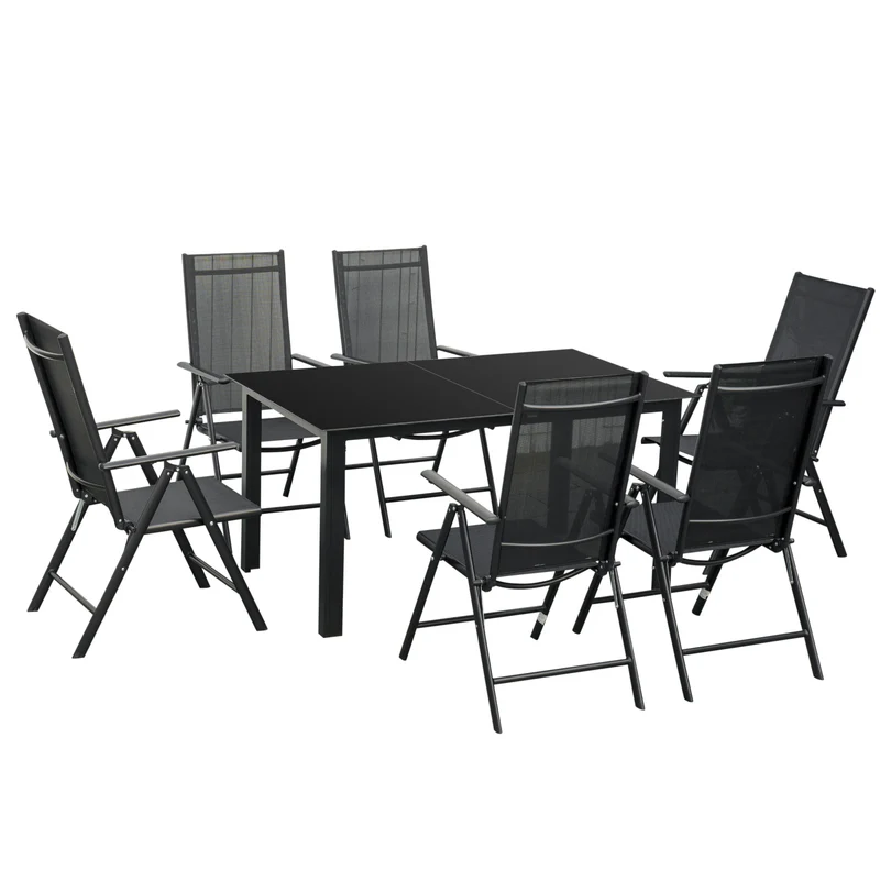 Outsunny Conjunto de Muebles de Jardín de Aluminio 7 Piezas Juego de Comedor Exterior con 6 Sillas Plegables Reclinables Mesa de Vidrio Templado Negro