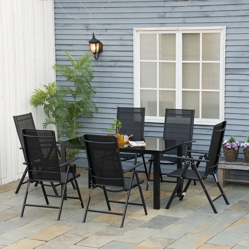 Outsunny Conjunto de Muebles de Jardín de Aluminio 7 Piezas Juego de Comedor Exterior con 6 Sillas Plegables Reclinables Mesa de Vidrio Templado Negro